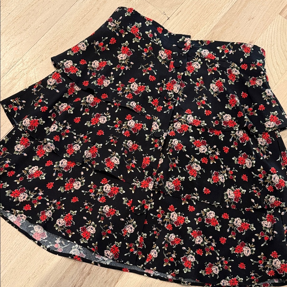 Zara Black Floral Tiered Skater Skirt - Red & Cream Flowers
